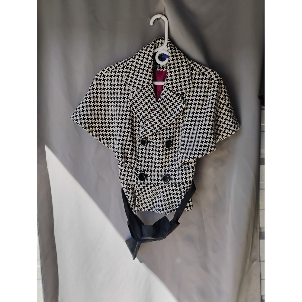 Forever 21 Houndstooth Capelet Jacket Black White Double Breasted Belted Medium
